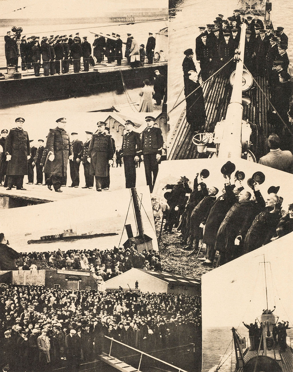 Departure in Den Helder – Top left: Rear-admiral T.L. Kruijs addresses the crew – Top right: Rear-admiral T.L. Kruijs inspects the crew – Middle left: Minister of Defence, Mr.Dr. L.N. Deckers, says goodbye – Middle right: Waving goodbye – Bottom left: K-XVIII leaves the harbour. Many people came to say goodbye. Bottom right: K-XVIII in Marsdiep.