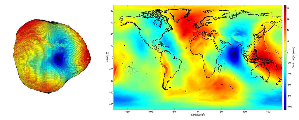 The 3D representation of the geoid is shown to the left, with the height aggregated. On the right is the geoid plotted on the world map.