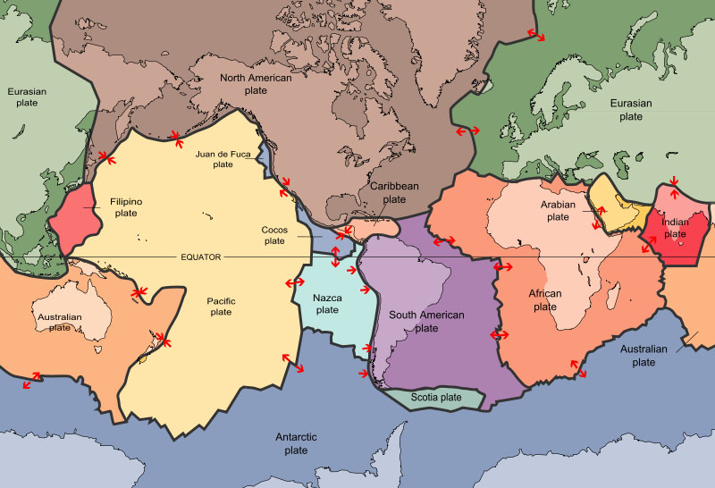 The Earth’s crust consists of several individual plates, listed in the figure. At the boundaries of these rigid plates, different geological processes take place, depending on the relative motion of the bounding plates.